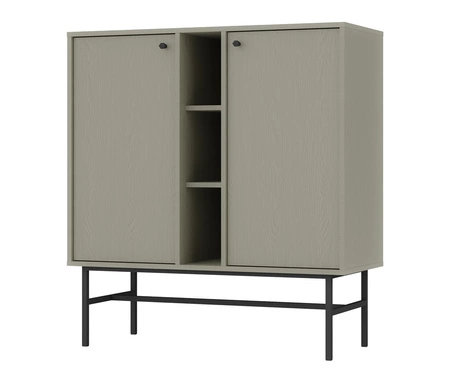 Meblościanka Kioto III eukaliptus stylowy design mebli do salonu eleganckie meble wsparte na czarnym stelażu subtelne uchwyty