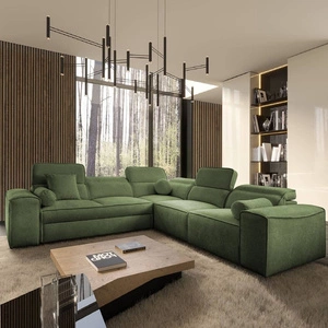 Narożnik z funkcją spania Viano III zielony prawostronny stylowy narożnik z pojemnikami na pościel doskonały do nowoczesnych wnętrz