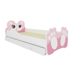 Łóżko Bear 70x140 cm biały / różowy małe łóżko z materacem i szufladą na pościel w kształcie misia z uroczym nadrukiem kotka