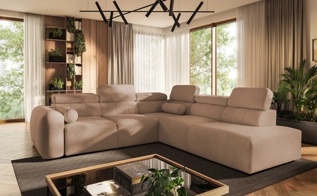 Narożnik z funkcją spania Cantare IX łososiowy prawostronny komfortowy narożnik rozkładany nowoczesny design pluszowa tkanina