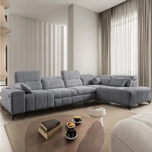 Narożnik z funkcją spania Penejos XI szary prawostronny wygodny narożnik z regulowanymi zagłówkami i dwoma pojemnikami na pościel