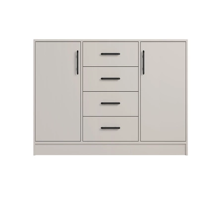 Zestaw mebli do sypialni Caspe beżowy geometryczne proste bryły o ponadczasowym designie czarne uchwyty komplet mebli z szafą