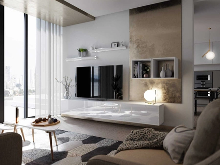 Meblościanka Kamari biała / biały połysk uniwersalna i stylowa meblościanka do salonu system otwierania drzwi push to open