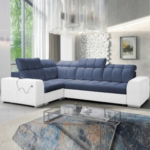 Narożnik z funkcją spania Luigi II niebieski / biały lewostronny komfort podczas codziennego wypoczynku narożnik z pojemnikiem na pościel