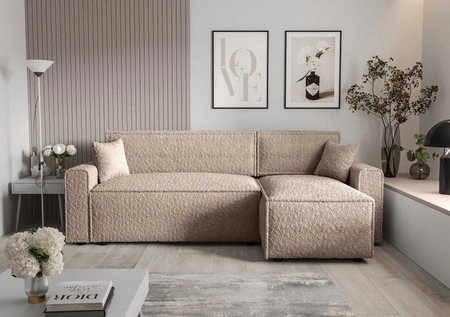 Narożnik z funkcją spania Brandon Bis beżowy prawostronny miękka tkanina o charakterystycznej pętelkowej powierzchni pojemnik na pościel