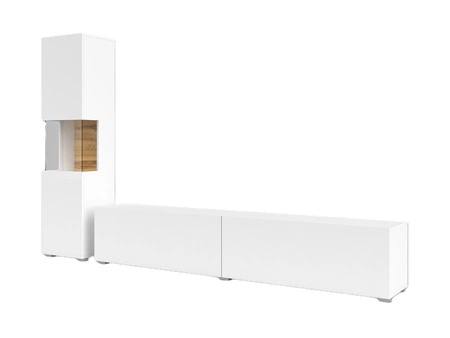 Meblościanka Ava biała / dąb wotan z możliwością powieszenia nowoczesny design szkło hartowane