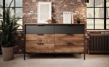 Komoda z szufladami Dover 137 cm kasztan / antracyt nowoczesny design wyrazista kolorystyka komody połączona z metalowymi dodatkami