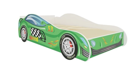 Łóżko Speed 80x160 cm designerskie łóżko z materacem w kształcie samochodu z ozdobnym nadrukiem wykonane z solidnych materiałów