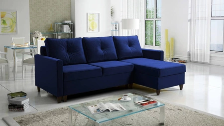 Narożnik z funkcją spania Terni granatowy prawostronny praktyczny i funkcjonalny narożnik wyposażony w pojemne pojemniki na pościel