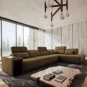 Narożnik z funkcją spania Tesalia XI brązowy prawostronny nowoczesny narożnik z komfortowym przesuwanym oparciem i pojemną szufladą