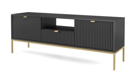 Szafka RTV Lovro 154 cm czarna nowoczesny design zachwyci miłośników wyrazistych wnętrz złote metalowe dodatki