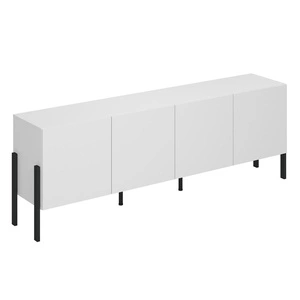 Szafka RTV Jukon 204 cm biała elegancka forma mebla w nowoczesnym stylu system otwierania push to open metalowe czarne nogi