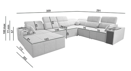Narożnik z funkcją spania Tesalia VIII niebieski lewostronny komfortowy narożnik do salonu z innowacyjną funkcją przesuwanego oparcia