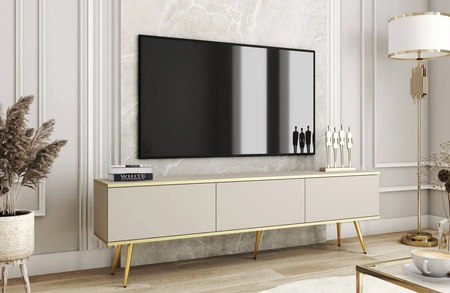 Szafka RTV Luxury 175 cm beżowa elegancki design korpus zwieńczony złotą listwą szafka wsparta na złotych metalowych nogach