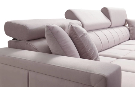 Narożnik z funkcją spania Nausa bordowy lewostronny velvet stylowy komfortowy narożnik regulowane zagłówki pojemnik na pościel