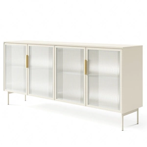 Komoda Lumi 181 cm beżowa nowoczesna komoda o prostym kształcie oryginalne fronty z hartowaną szybą ornamentową metalowe uchwyty