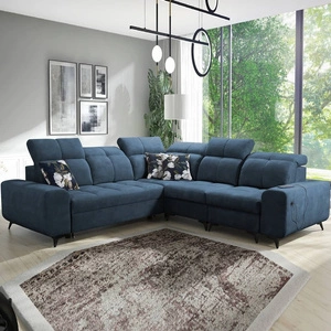 Narożnik z funkcją spania Buffalo III niebieski prawostronny komfortowy narożnik o estetycznym wykończeniu z pojemnikami na pościel