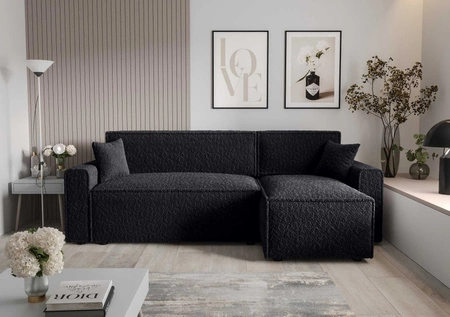 Narożnik z funkcją spania Brandon Bis czarny prawostronny miękka tkanina o charakterystycznej pętelkowej powierzchni pojemnik na pościel