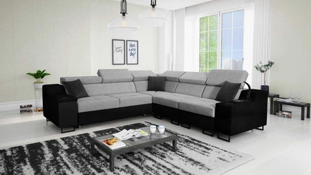 Narożnik z funkcją spania Alcamo III siwy / czarny prawostronny funkcjonalny narożnik z szufladą w boczku dwa pojemniki na pościel