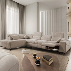 Narożnik z funkcją spania Penejos XI Lux ciemny beżowy lewostronny stylowy narożnik rozkładany z komfortowym wysuwanym podnóżkiem