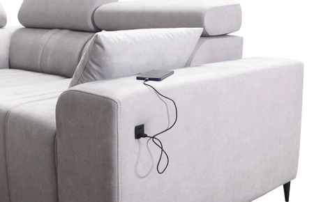 Narożnik z funkcją spania Castel II beżowy prawostronny komfortowy narożnik z regulowanymi zagłówkami pojemnik na pościel