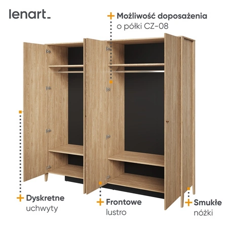 Szafa z lustrem Cozy 220 cm dąb olejowany pojemna szafa do sypialni lub przedpokoju lekka stylistyka podkreślona naturalną kolorystyką