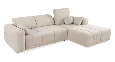 Narożnik z funkcją spania Cetara kremowy prawostronny stylowy design komfortowe przesuwane oparcia regulowane zagłówki