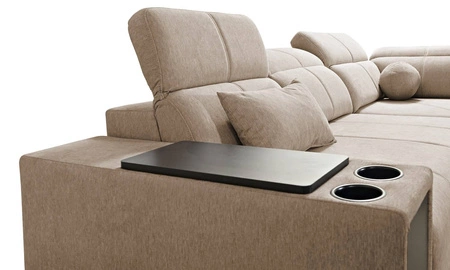 Narożnik z funkcją spania Tesalia XI szary prawostronny nowoczesny narożnik z komfortowym przesuwanym oparciem i pojemną szufladą