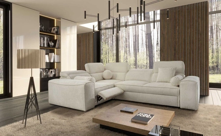 Narożnik z funkcją spania Viano II Lux kremowy lewostronny designerski narożnik do salonu z komfortowym wysuwanym podnóżkiem