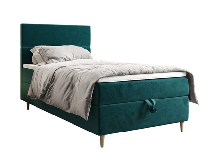 Łóżko kontynentalne Bing 90x200 turkusowe w nowoczesnym skandynawskim stylu z tapicerowanym zagłówkiem łóżko z pojemnikiem