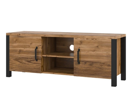 Szafka RTV Olin 147 cm appenzeller / czarny stylowa szafka pod telewizor w stylu industrialnym uchwyty w kolorze czarnym