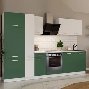 Zestaw mebli kuchennych z blatem Toni 290 cm biały / pastelowy zielony meble doskonale prezentują się w nowoczesnych wnętrzach