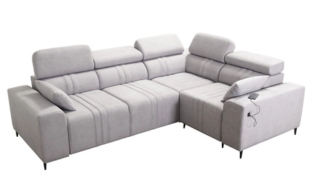 Narożnik z funkcją spania Castel II brązowy prawostronny komfortowy narożnik z regulowanymi zagłówkami pojemnik na pościel