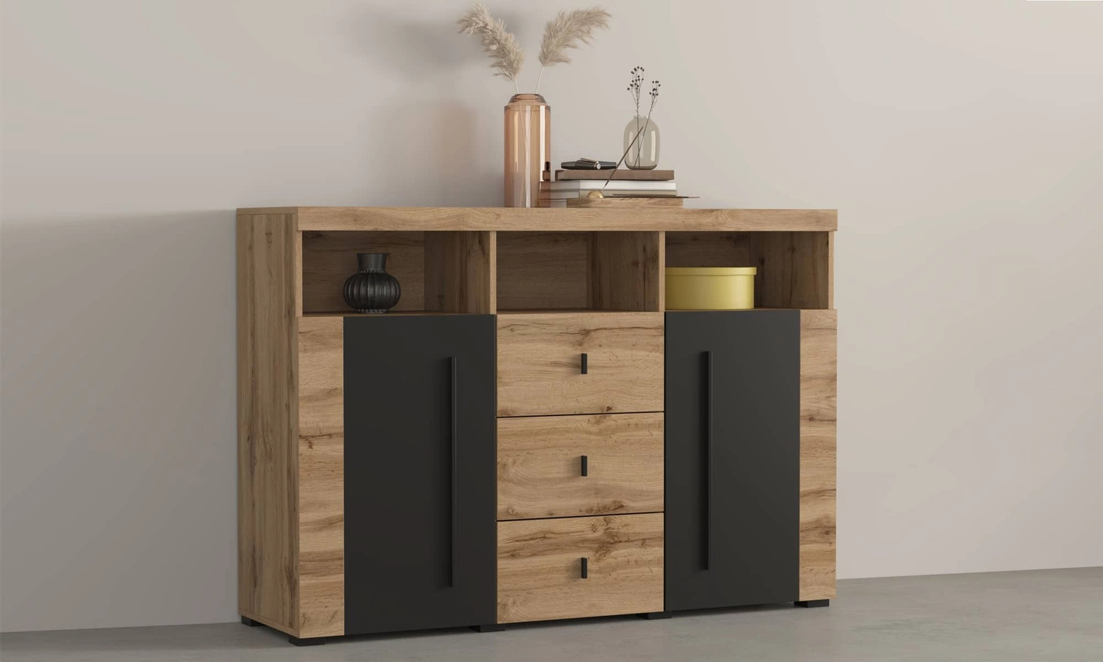 Komoda z szufladami 133 cm Roger w kolorze dąb wotan / czarny