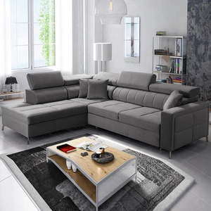 Narożnik z funkcją spania Nausa III szary lewostronny velvet stylowy komfortowy narożnik regulowane zagłówki pojemnik na pościel