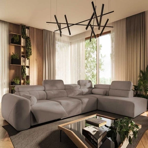 Narożnik z funkcją spania Cantare XI Lux ciemny beż prawostronny komfortowy narożnik do salonu z podnoszonym podnóżkiem miękka tkanina