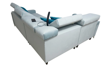 Narożnik z funkcją spania Rava II brązowy lewostronny velvet komfortowy narożnik z pojemnikiem na pościel wielofunkcyjna lampka