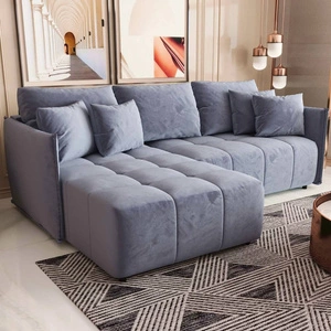 Narożnik z funkcją spania Oroso błękitny lewostronny miękka tkanina typu velvet z powłoką hydrofobową pojemnik na pościel