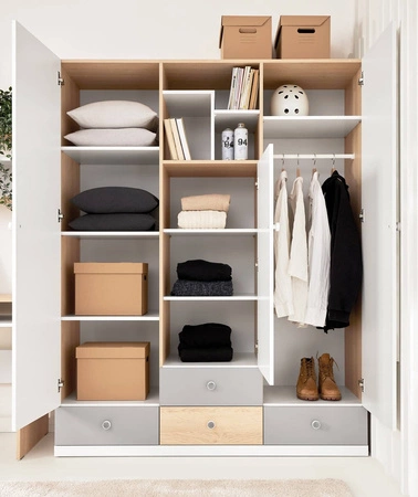 Zestaw mebli Pixel dąb biszkoptowy / biały / szary idealna propozycja do pokoju młodzieżowego lub dziecięcego w modnym stylu