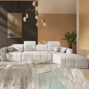 Narożnik z funkcją spania Cetara XII kremowy prawostronny stylowy design komfortowe przesuwane oparcia dwa pojemniki na pościel