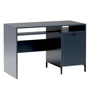 Biurko Linka 120 cm indigo doskonałe biurko do domowego biura czarne uchwyty krawędziowe dekoracyjne ryflowania na froncie mebla