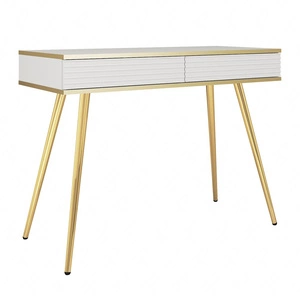 Konsola Luxury biała z szufladami elegancka toaletka z ryflowanymi frontami wysokie złote nogi korpus zwieńczony złotą listwą