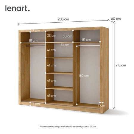 Szafa przesuwna z lustrem Idea 250 cm dąb shetland estetycznie wykonana szafa do sypialni lub pokoju młodzieżowego srebrne uchwyty