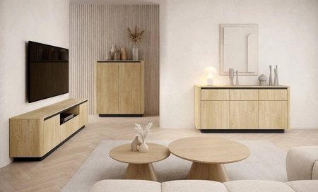 Komoda z szufladami Torro 163 cm dąb cremona / czarny nowoczesny design komody do salonu owalny kształt kontrastowa kolorystyka