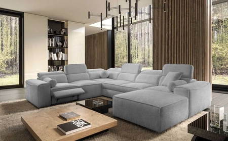 Narożnik z funkcją spania Viano VIII Lux jasny szary prawostronny designerski narożnik z wysuwanym podnóżkiem pojemniki na pościel