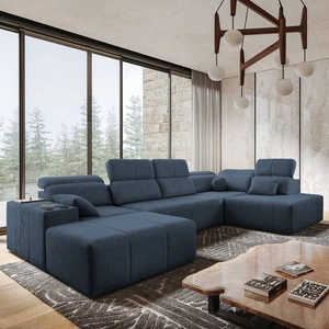 Narożnik z funkcją spania Tesalia VI niebieski lewostronny nowoczesny i komfortowy narożnik z funkcją przesuwanego oparcia