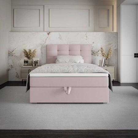 Łóżko kontynentalne Flint 100x200 pudrowy róż w nowoczesnym skandynawskim stylu z tapicerowanym zagłówkiem łóżko z pojemnikiem