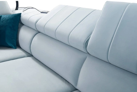 Narożnik z funkcją spania Rava III miodowy lewostronny velvet komfortowy narożnik z regulowanymi zagłówkami i pojemnikiem na pościel