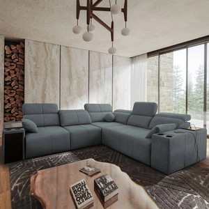 Narożnik z funkcją spania Tesalia III szary lewostronny komfortowy narożnik z przesuwanym oparciem dwa pojemniki na pościel