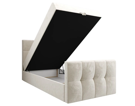 Łóżko kontynentalne Manhattan 90x200 beżowe w nowoczesnym skandynawskim stylu z tapicerowanym zagłówkiem i zanóżkiem łóżko z pojemnikiem